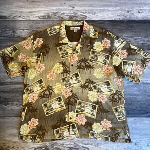Tommy Bahama Men Shirt XXL Postcard Island Palm Tree Hawaiian Silk Button Front